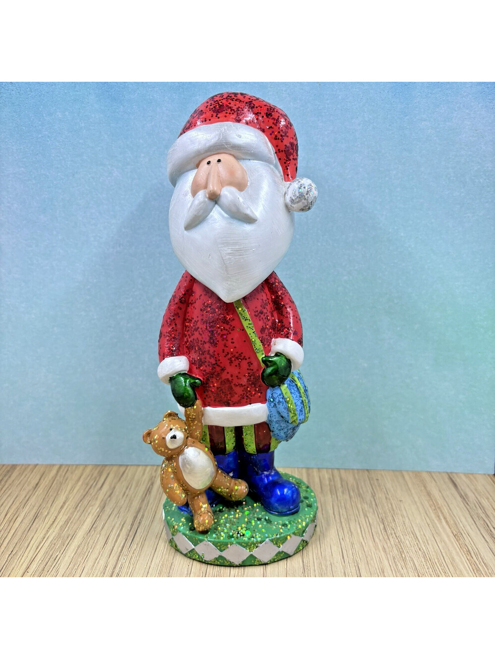 Rare Glittered Sparkly Bobblehead Santa Clause w/ Teddy Bear 9” Resin